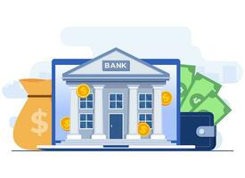 online bank concept vlak vector illustratie sjabloon, bank investering, deposito's, leningen, uitwisselingen, geld bescherming, spaargeld en financiën, e-wallet, digitaal bankieren,