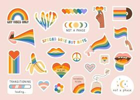 vector reeks van lgbtq gemeenschap symbolen met retro regenboog vlag gekleurde elementen, trots symbolen, geslacht tekens. trots maand leuze en zinnen stickers. homo optocht groovy viering. illustratie.