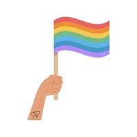 een persoon Holding lgtb regenboog vlag. element voor trots maand viering. symbolen voor lgtbq optocht. icoon of sticker geïsoleerd Aan wit achtergrond. vector vlak tekenfilm illustratie.