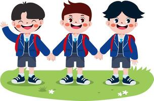 gelukkig schattig kinderen in school- uniform tekenfilm stijl vector