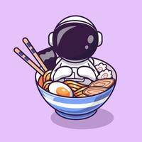 schattig astronaut in kom van ramen noodle tekenfilm vector icoon illustratie. wetenschap voedsel icoon concept geïsoleerd premie vector. vlak tekenfilm stijl