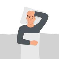 Mens aan het liegen in bed met griep symptomen. zweten gedurende slaap.illustratie van de symptomen van overvloedig nacht zweet. verkoudheid symptomen. vector