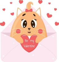 schattig tekenfilm kat meisje in envelop met Valentijn kaart. vector illustratie voor kaart, poster, banier