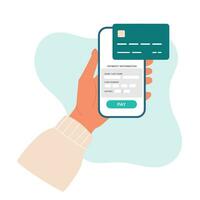 online boodschappen doen via credit of debiteren kaart. vrouw hand- houdt smartphone met kaart informatie betaling. vector