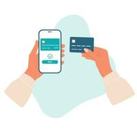 draadloze betaling door credit kaart. hand- met smartphone. online boodschappen doen door telefoon en verbonden kaart. vector
