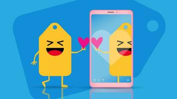 valentijnsdag dag uitverkoop banier met creatief prijs label en smartphone. schattig emoji. vector