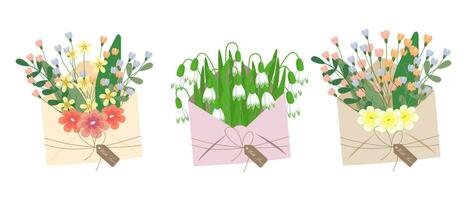 reeks van enveloppen met bloemen, geschenk pictogrammen. voorjaar illustratie, groet pictogrammen, vector