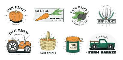 vers voedsel etiketten set. boerderij markt divers logo verzameling. hand- getrokken kleurrijk vector illustratie Aan wit achtergrond.
