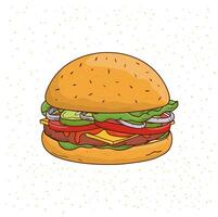 hamburger met kaas, komkommer, kotelet, sla, ui, saus, tomaat, rundvlees en salade. kleurrijk hand- getrokken vector illustratie Aan wit achtergrond.