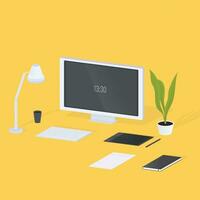 modern ontwerper werkplek. monitor, lamp, toetsenbord, plant, notitieboekje, computer, grafiek tablet Aan geel achtergrond. kleurrijk isometrische vector illustratie.