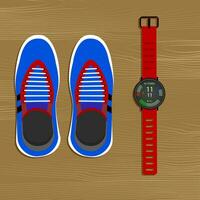 uitrustingen rennen. sportschoenen en horloges. vector loper schoenen, sport opleiding oefening, Gezondheid werkzaamheid illustratie