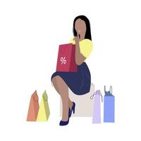 vrouw in winkel met aankoop. klant en pakken. illustratie winkelverslaafd, koper in op te slaan vector