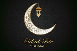 eid mubarak groet kaart met gouden halve maan en patroon achtergrond vector