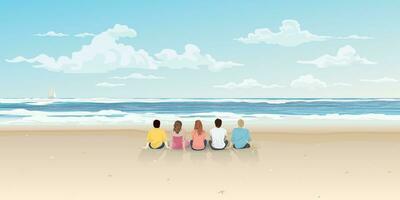 groep van vrienden zittend samen Aan de strand met blauw lucht achtergrond vector illustratie. vrienden op reis concept hebben blanco ruimte.