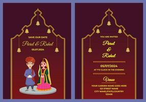 Indisch bruiloft uitnodiging kaart sjabloon lay-out met Hindoe paar en evenement details vector