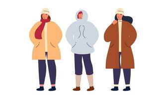 elegant mensen vervelend warm winter kleren. Heren, Dames in outfits voor verkoudheid weer vector illustratie