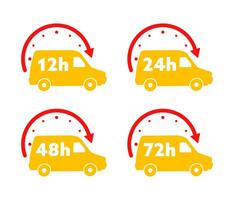 12, 24, 36, 48 en 72 uren klok pijl. werken en levering onderhoud effect tijd pictogrammen. bestellen uitvoering. vector voorraad illustratie