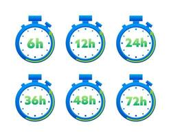 12, 24, 36, 48 en 72 uren klok pijl. werken en levering onderhoud effect tijd pictogrammen. bestellen uitvoering. vector voorraad illustratie