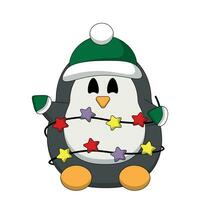 schattig tekenfilm Kerstmis pinguïn met sterren slinger in kleur vector