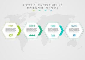 4 bedrijf stappen gemakkelijk infographic sjabloon wit zeshoek brieven en pictogrammen in de midden- veelkleurig zeshoekig lap schets buiten de bodem kaart, grijs helling achtergrond. vector