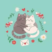 twee schattig katten in liefde knuffelen samen. romantisch kittens paar in kader van bloemen, takjes, harten en vis. vector vlak illustratie voor valentijnsdag dag poster, banier, groet kaart