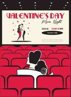 Valentijnsdag dag film nacht uitnodiging, poster. Jaren 60 - jaren 70 stijl Valentijnsdag dag vector illustratie van paar in liefde Aan een datum in bioscoop aan het kijken romantisch film.
