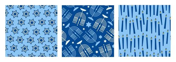 gelukkig Chanoeka reeks naadloos patronen met creatief symbolen. modern feestelijk ontwerp voor behang, omhulsel papier, kleding stof, spandoek. blauw kleuren. vector illustratie