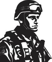 militant precisie gewapend krachten zwart logo ontwerp tactisch verdediger leger man icoon in zwart vector
