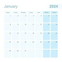 2024 januari muur ontwerper in blauw pastel kleur, week begint Aan maandag. vector