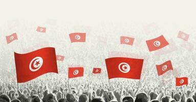 abstract menigte met vlag van tunesië. volkeren protest, revolutie, staking en demonstratie met vlag van tunesië. vector