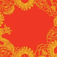 Chinese kader met draak en bloemen Aan een rood achtergrond, vector. Chinese nieuw jaar. ontwerp element voor traditioneel groet kaarten, uitnodigingen, groot spandoeken, affiches, geschenk inpakken. vector