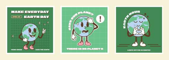 gelukkig aarde dag kaart. wijnoogst nostalgie tekenfilm aarde planeet karakter mascotte lachend. wereldbol vrede hand- gebaar. milieu vriendelijk recycle concept sociaal media spandoek. retro vector illustratie.