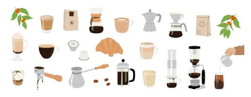 verzameling van koffie uitrusting voor handleiding brouwen methoden geïsoleerd vector cliparts. hand- getrokken illustraties voor koffie winkel. verschillend type van koffie kopjes, gieten over, Frans druk op, luchtdruk, overhevelen.