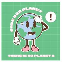 gelukkig aarde dag kaart. wijnoogst nostalgie tekenfilm aarde planeet karakter mascotte lachend. wereldbol vrede hand- gebaar. milieu vriendelijk recycle concept sociaal media spandoek. retro vector illustratie.