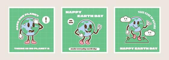 gelukkig aarde dag kaart. wijnoogst nostalgie tekenfilm aarde planeet karakter mascotte lachend. wereldbol vrede hand- gebaar. milieu vriendelijk recycle concept sociaal media spandoek. retro vector illustratie.