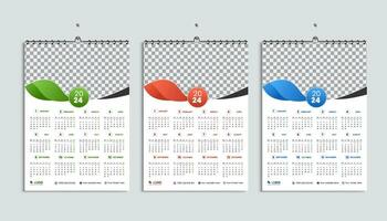 muur kalender 2024 ontwerp sjabloon, week begint maandag, schoon, elegant sjabloon schema planner, abstract groente, oranje, blauw helling kleur luxe concept, geschikt voor huis school, college kantoor vector