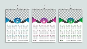 muur kalender 2025 ontwerp sjabloon, week begint maandag, schoon, elegant sjabloon schema planner, abstract groente, oranje, blauw helling kleur luxe concept, geschikt voor huis school, college kantoor vector