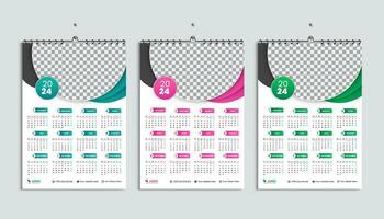 muur kalender 2024 ontwerp sjabloon, week begint maandag, schoon, elegant sjabloon schema planner, abstract groente, oranje, blauw helling kleur luxe concept, geschikt voor huis school, college kantoor vector