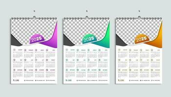 2025 jaar kalender, week begint van maandag, gemakkelijk en minimaal kalender vector lay-out set, Engels jaar- schrijfbehoeften organisator muur kalender sjabloon 12 maanden, Purper, oranje, groen kleuren bundel