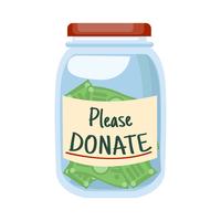 Glazen pot met geld en tekst &quot;Please DONATE&quot; vector