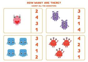 tellen allemaal schattig en kleurrijk monsters en cirkel de correct antwoorden. vector