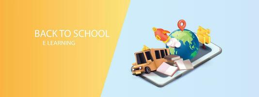 terug naar school- kleurrijk met school- bus geel en boek elearning vector illustation