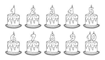 vector reeks van tekening verjaardag cakes met brandend kaarsen nummers. gemakkelijk vector hand- getrokken illustratie voor verjaardag kaart, groet, affiches, recept, culinaire ontwerp