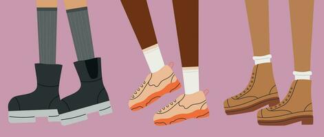 reeks van vrouwen schoenen, modieus schoenen voor Dames, sportschoenen en laarzen, vector illustratie in vlak stijl