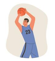 basketbal speler gooit bal in mand. wedstrijd en prestatie. vlak vector illustratie. Parijs 2024.