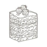 vector illustratie met de schets van een taart, hand getekend. tekening illustratie van een stuk van taart met aardbeien.