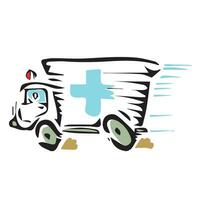 ambulance noodgeval vrachtauto of auto in beweging snel vector illustratie, hand- getrokken vlak humoristisch medisch voertuig