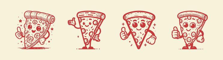 pizza mascotte, wijnoogst karakter, retro kunst. modieus pizza en tekenfilm tekens set. vector