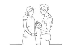 een Mens geeft een ring naar zijn partner Aan wit dag vector