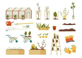 tuinieren gereedschap en apparatuur, planten, zaailingen, bomen en struiken vlak vector illustraties reeks geïsoleerd Aan wit.